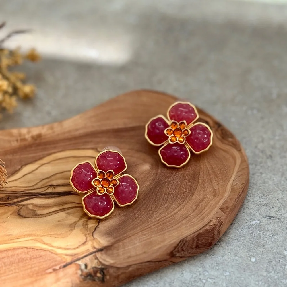 💖4/$30 Elegant Floral Red and Gold Earrings - Picture 4 of 7